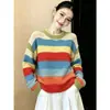 Suéter listrado colorido estilo coreano para mulheres, modelo novo, super estiloso, caimento solto casual, pulôver grosso