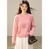 Sí Suéter corto de cuello redondo para mujer, nuevo estilo otoño e invierno, con flores tridimensionales, en un estilo casual
