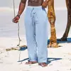 Transfronterizo 2024 Amazon deseo Nuevo Lino Holgado Hombres Simple Moda Color Sólido Casual Algodón y Lino Pantalones