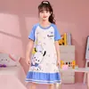 Camisón de Niña Primavera y Verano Algodón Peinado Manga Corta Delgado Princesa Famoso en Internet Ropa de Dormir Infantil para Uso Exterior Tallas Grandes Padre-Hijo