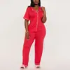 Pijama de verano rojo para mujer transfronterizo, conjunto de dos piezas con cuello camisero, manga corta y pantalón largo, ropa de casa nocturna para mujer