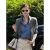 Estilo intelectual, blusa de punto patchwork de dos piezas para mujer, cuello alto retro, corte relajado old-money, adelgazante, elegante y adecuada para el trabajo