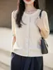 Nuevo Cárdigan de Punto Tencel Lino Cuello Redondo Manga Corta para Mujer Bloque de Color Retorcido Holgado Delgado Top