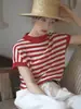 Camiseta listrada de manga curta em puro algodão francês para mulheres, novo estilo de verão, solta, que rejuvenesce, casual, temperamento fashion, top de tricô, moderno