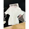 Cárdigan de punto blanco con lazo de perlas, cuello redondo, manga corta para mujer, corte ajustado, top versátil, talla única, rosa