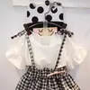 Ropa para Niños Zhao Yi 2020 Verano Niñas Nueva Camiseta de Manga Corta con Manga de Trompeta Falda de Tirantes a Cuadros E1104