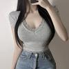 Coreia do Sul Dongdaemun Novo Produto Renda Pura na Borda ~ Camiseta Feminina Sexy de Manga Curta com Decote V e Toque Suave na Pele