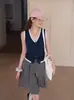 Colete Tricotado Francês Gola V Botões Sem Mangas Verão Camada Interna Roupa Externa Único Lindo Curto Pequeno Top