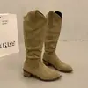Botas de mezclilla pila boca de apilamiento de moda botas altas botas largas marrones mujer retro western 2026 media pantorrilla tacón grueso punta en V otoño invierno