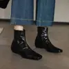 Botas curtas em couro legítimo para afinar, tamanhos 34-42, comércio exterior transfronteiriço, bico quadrado plissado, salto grosso, botas Martin pretas, botas de moda outono e inverno