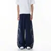 Pantalones casuales rectos con cordón de estilo deportivo retro americano para hombre, corte holgado con diseño de estampado de letras, adecuados para primavera y otoño