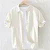 Camisa de linho de verão homens manga curta fina solta respirável linho de algodão branco meia manga casual cor sólida camisa masculina cs