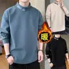 Moletom masculino com gola alta e forro de fleece, camada base espessa, camiseta de manga longa, estilo outono e inverno