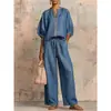 2026 Verano Nuevo Moda Casual Cruzada Europea y Americana para Mujer Holgado Color Sólido Cremallera Cuello Redondo Pantalones de Pierna Ancha Conjunto para Mujer
