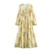 Vestido de chá floral estilo retrô francês com decote V, mangas bufantes tipo lanterna, cintura marcada e saia fluida, perfeito para e-commerce transfronteiriço