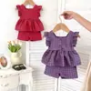 Conjunto de Verão Xadrez para Meninas, Nova Roupa Infantil Estilo Coreano, Conjunto de Duas Peças Elegante Sem Mangas com Shorts para Bebês no Verão