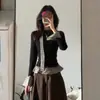 Camiseta de Manga Larga con Retazos a Cuadros Falsos de Dos Piezas Color Negro Otoño Nuevo Estilo Coreano Adelgazante Ropa Interior