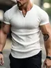 Camiseta Casual Deportiva de Manga Corta para Hombre, Ajuste Delgado, Europea y Americana Transfronteriza, Tejido de Comercio Exterior, Camisa Henley de Botones Color Sólido Estilo Americano
