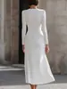 Comercio Exterior Amazon 2026 Europeo y Americano Transfronterizo Otoño e Invierno Nuevo Estilo Cuello en V Fruncido Irregular Color Sólido Vestido de Manga Larga para Mujer