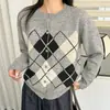 Cardigan de Tricô Elegante Estilo Coreano Retrô com Lã e Padrão Xadrez Diamante, Gola Redonda, Feminino Outono Inverno, Solto, Emagrecedor, Suéter Versátil, Jaqueta Pequena Feminina