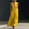 Primavera y Verano 2026 Tiktok Transfronterizo Hecho a Medida Estilo Perezoso Cuello en V Botones Algodón y Lino Vestido Largo Vestido Chaleco sin Mangas