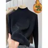 Suéter feminino de meia gola alta para outono e inverno, forrado com lã, grosso, peça única, cashmere, estilo ocidental, suéter de malha, base quente, camisa, top
