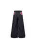 Jeans de Brim Cru com Estampa Union Jack American Street Jeans Largos Hip Hop Perna Larga Calças Longas Retas Multi-Botão com Contas