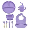 Conjunto de Louça de Silicone, Tigela de Comida Infantil, Utensílios de Prato de Comida de Grau Alimentício, Garfo, Colher, Copo de Água, Babador em Estoque