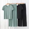 Conjunto de Pijama Casual para Mujer de Verano Delgado Talla Grande, Manga Corta, Pantalones Largos Anchos Cortados, Adecuado para Usar como Ropa de Exterior