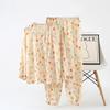 Pijama para Mujer Algodón Puro Crepé Primavera y Otoño Estilo Coreano Manga Larga Pantalón Largo Cuello Redondo Traje Holgado Talla Grande Ropa de Casa