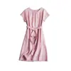 Vestido Elegante Artístico de Lino Puro Importado de 14 Hilos con Pliegues, Cuello Redondo, Mangas Cortas Raglán, Corte Recto, Cinturón, Adelgazante
