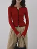 Cárdigan de Punto Retro con Borde Contrastante Rojo para Mujer 2026 Otoño Invierno Nuevo Estilo Coreano Adelgazante Corto de Manga Larga Suéter