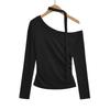 Camiseta de Manga Larga con Hombros Descubiertos de Moda para Mujer con Corte Ajustado y Diseño Fruncido, Top Corto Sexy