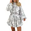 Otoño 2026 Nuevo Ropa Femenina Transfronteriza Europea y Americana Temperamento Elegante Ceñido a la Cintura Atado Estampado Vestido Falda Corta Mujer