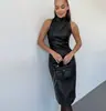 Ropa Europea y Americana para Mujer Transfronteriza 2026 Amazon Sin Mangas Cuello Alto Elegante Vestido con Abertura Ajustado Color Sólido Vestido de Piel Sintética