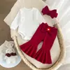 Novo macacão de manga longa para outono e primavera com laço e calça flare, incluindo uma faixa de cabeça, um conjunto de três peças para bebês meninas