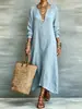 Vestido Vintage de Color Sólido con Cuello en V Profundo y Mangas Largas, Falda Larga Suelta y Elegante, Vestido de Vacaciones Estilo Europeo y Americano Transfronterizo