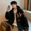 Moletom Grosso com Capuz e Cordão para Homens, Estilo Hong Kong Ins com Estampa de Letras Jaqueta com Zíper Outerwear
