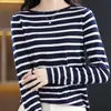 Camiseta Base Fina de Lana Rayada Simple de Hombros Descubiertos para Mujer Ajustada 2026 Primavera/Verano Tejido Fino Manga Larga