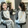 Camiseta de felpa para niñas, raglán, bloques de color, manga larga, Otoño Invierno 2026, estilo nuevo, para niños medianos y grandes, capa base, top casual, moderno