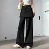 Algodón lavado con diseño estilo americano y detalle en el panel trasero, pantalones de pierna ancha para mujer, efecto dos piezas, pantalones casuales adelgazantes y ligeramente acampanados