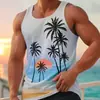 Chaleco casual sin mangas para hombre transfronterizo, estilo vacacional en la playa, estampado de palmera al atardecer, camiseta interior deportiva para fitness