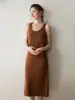 Vestido de Suspensório Gola U Longo Acima do Joelho Outono e Inverno Novo Sem Mangas Slim Suéter de Lã Vestido Colete Tricotado de Caxemira Feminino