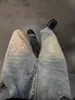 Jeans Rectos Desgastados Estilo Retro Americano Desierto Teñido Sucio Salpicaduras de Tinta Pantalones Versátiles Holgados para Hombre Pantalones de Pierna Ancha para Hombre
