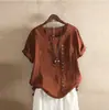 2025 Verão Retrô Cor Lisa Top Tamanho Grande Casual Solto Botão Algodão e Linho Manga Curta Pulôver Gola Redonda Camiseta para Mulheres