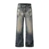 K5626 Jeans Flare Masculino Estilo Retro Americano High Street Unissex Lavado Vintage Padrão de Raio Design Tingido com Lama