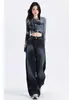 Jeans de pierna ancha con degradado azul oscuro para mujer, Otoño Nuevo Cintura alta Suelto Estilo americano Relajado Caída Recto Largo hasta el suelo