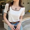 Camiseta Quadrada de Algodão Canelado de Alta Elasticidade com Manga Curta para Mulheres, Novo Estilo Verão 2026, Caimento Normal nos Ombros, Camada Base Versátil ou Peça de Roupa Externa