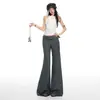 ¡OOTD del día 26!|Pantalones de Traje Grises de Tiro Bajo Acampanados para Mujer con Diseño de Cinturón Ancho, Pantalones Bootcut Casuales Adelgazantes