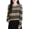 Suéter retro a rayas para mujer, cuello redondo, tejido color block, holgado y casual, de manga larga, adecuado para usar como capa exterior o como capa interior